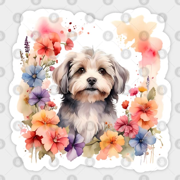 A havanese decorated with beautiful watercolor flowers Sticker by CreativeSparkzz